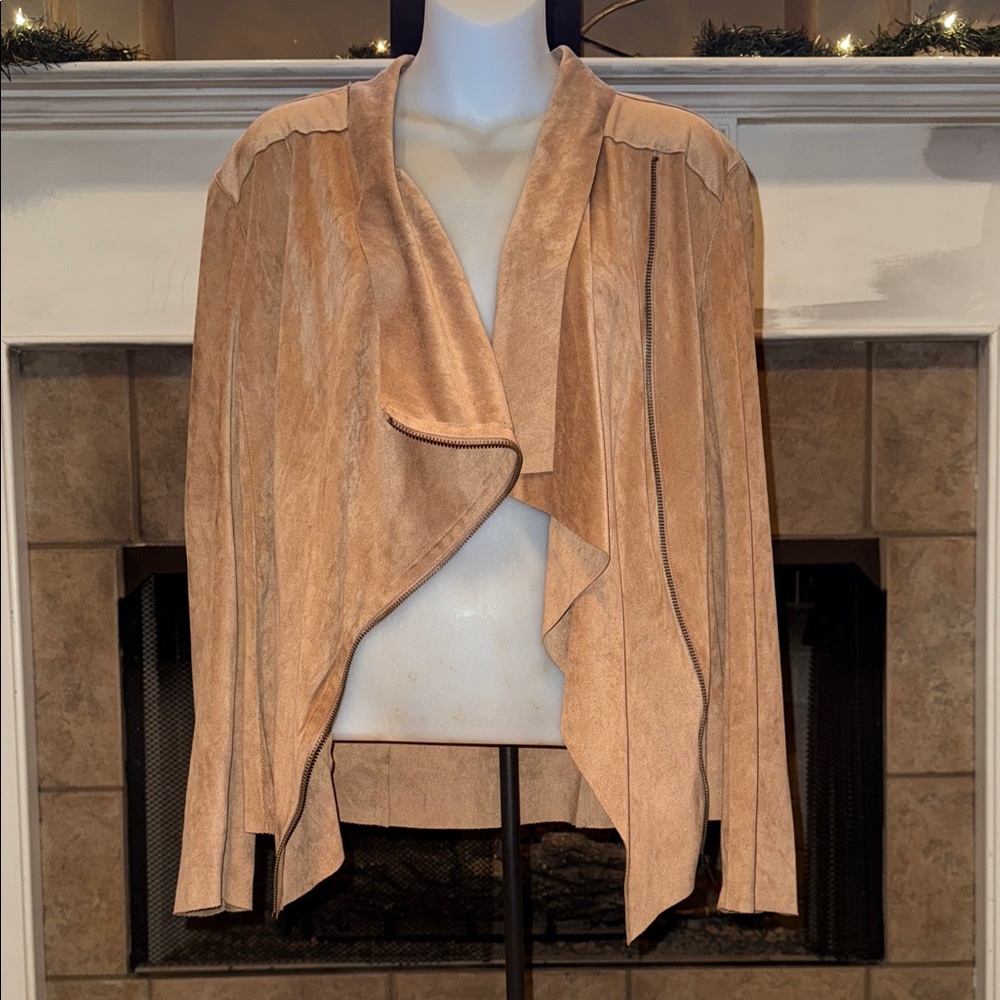 Mote Faux Suede Leather Tan Brown Moto Zipper Jacket Wrap - Picture 2 of 6